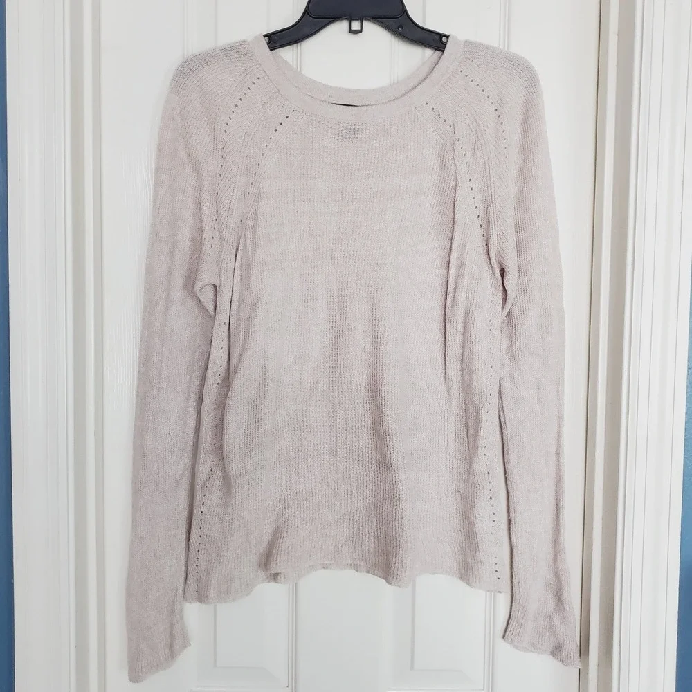 Tahari Sweater Beige Linen Blend‎ Pointelle Knit Long Sleeve Casual Neutral Med